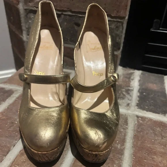 Christian Louboutin Metallic Gold Leather Cork Platform Wedge Mary Jane - Picture 4 of 16